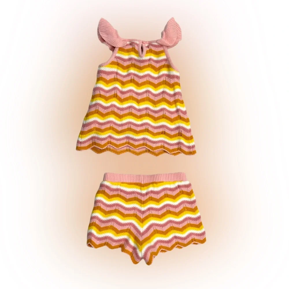 Haute Hippie Kids Chevron Knit Top & Shorts Set Pink Mustard 3T
